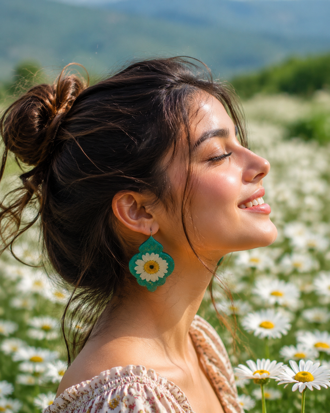 گوشواره رزینی با گل بابونه طبیعی - بستهبندی